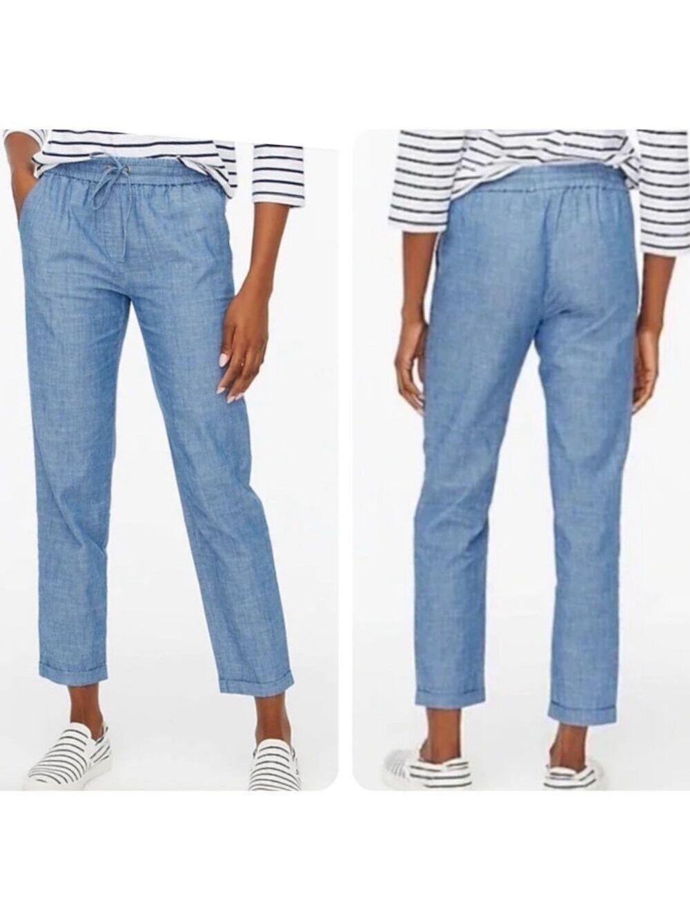 J. Crew Chambray Cotton Cropped Pants Drawstring Tie Waist Blue Size 4